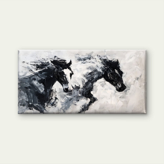 Abstract Black White Horses Wall Art Canvas Office Home Room Framed 80x45cm