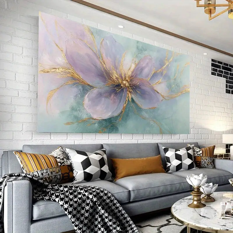 Elegant Purple & Golden Floral Wall Art wall canvas office home room framed 80x45cm