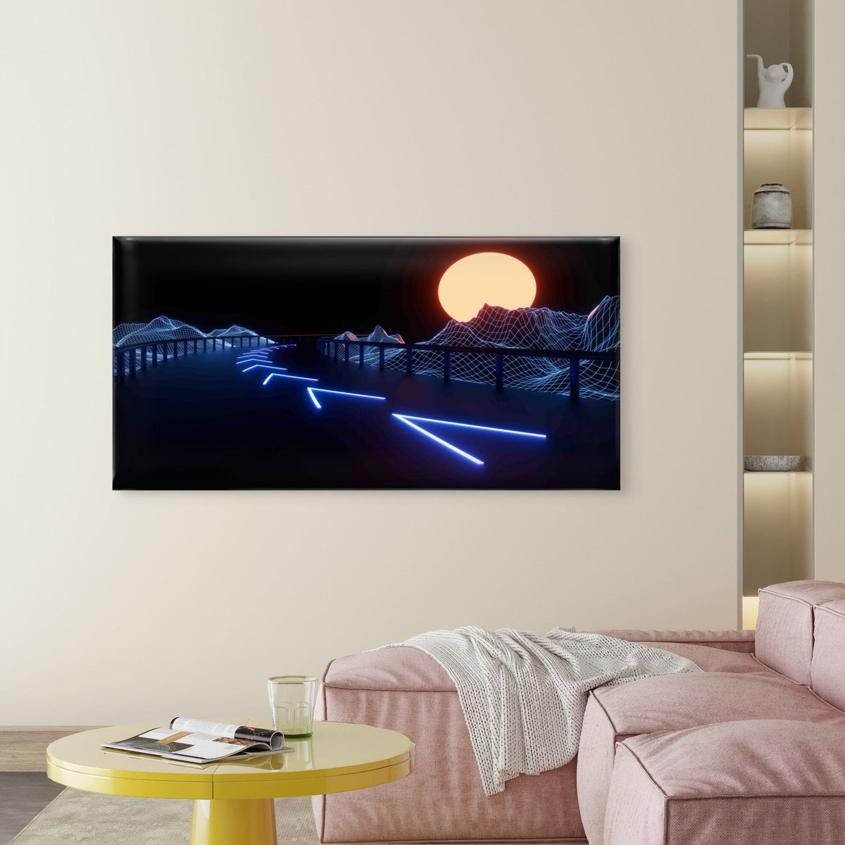 Blue Retro Neon Road Wall Art Canvas Office Home Room Framed 120x60cm