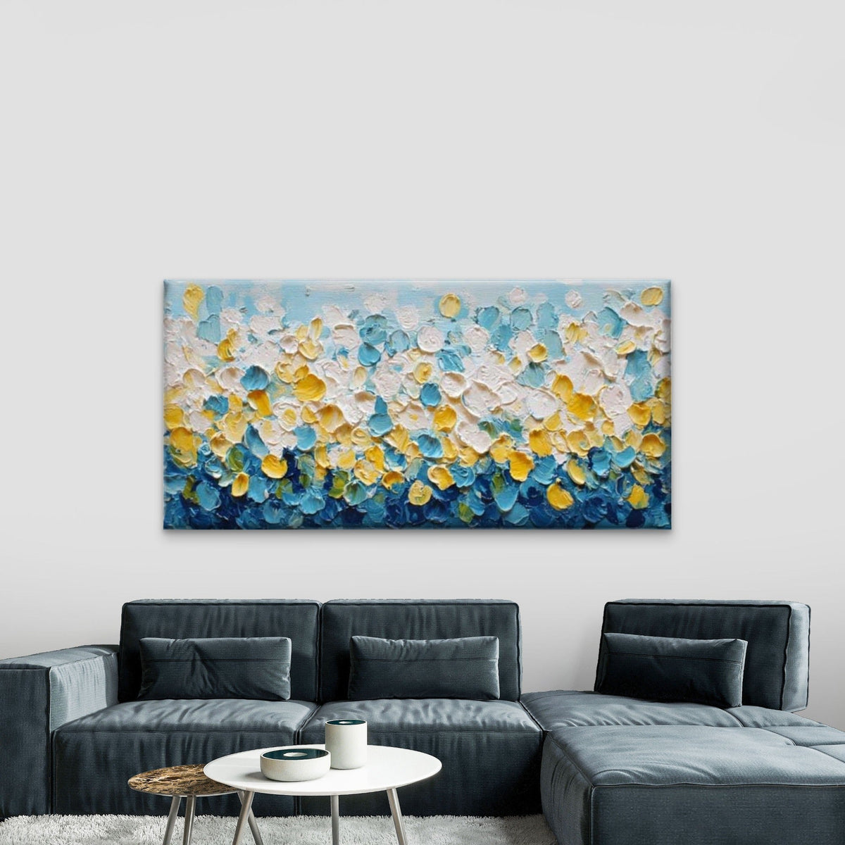 Blue Yellow Palette Knife Art Wall Art Canvas Office Home Room Framed 80x45cm