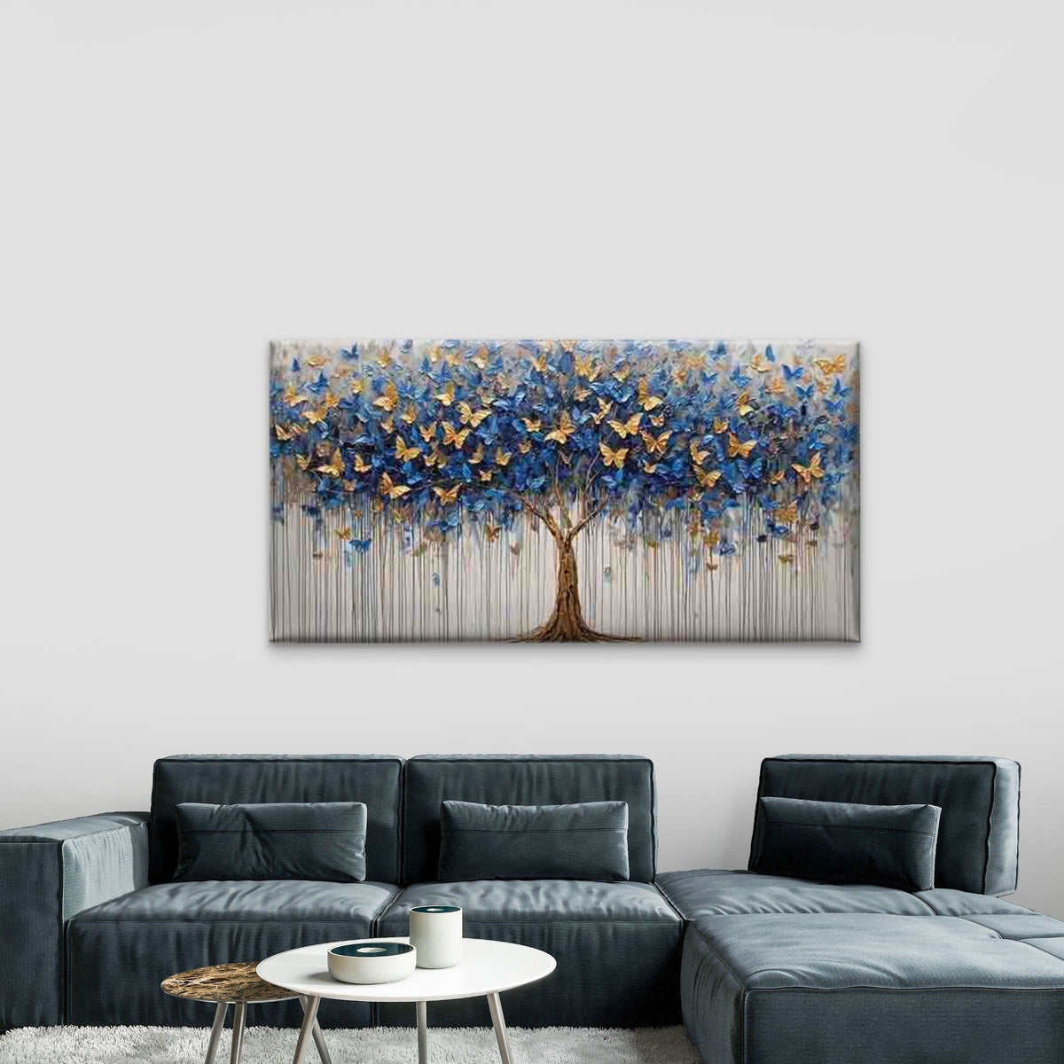 Blue and Golden Butterfly Tree Wall Art Canvas Office Home Room Framed 80x45cm