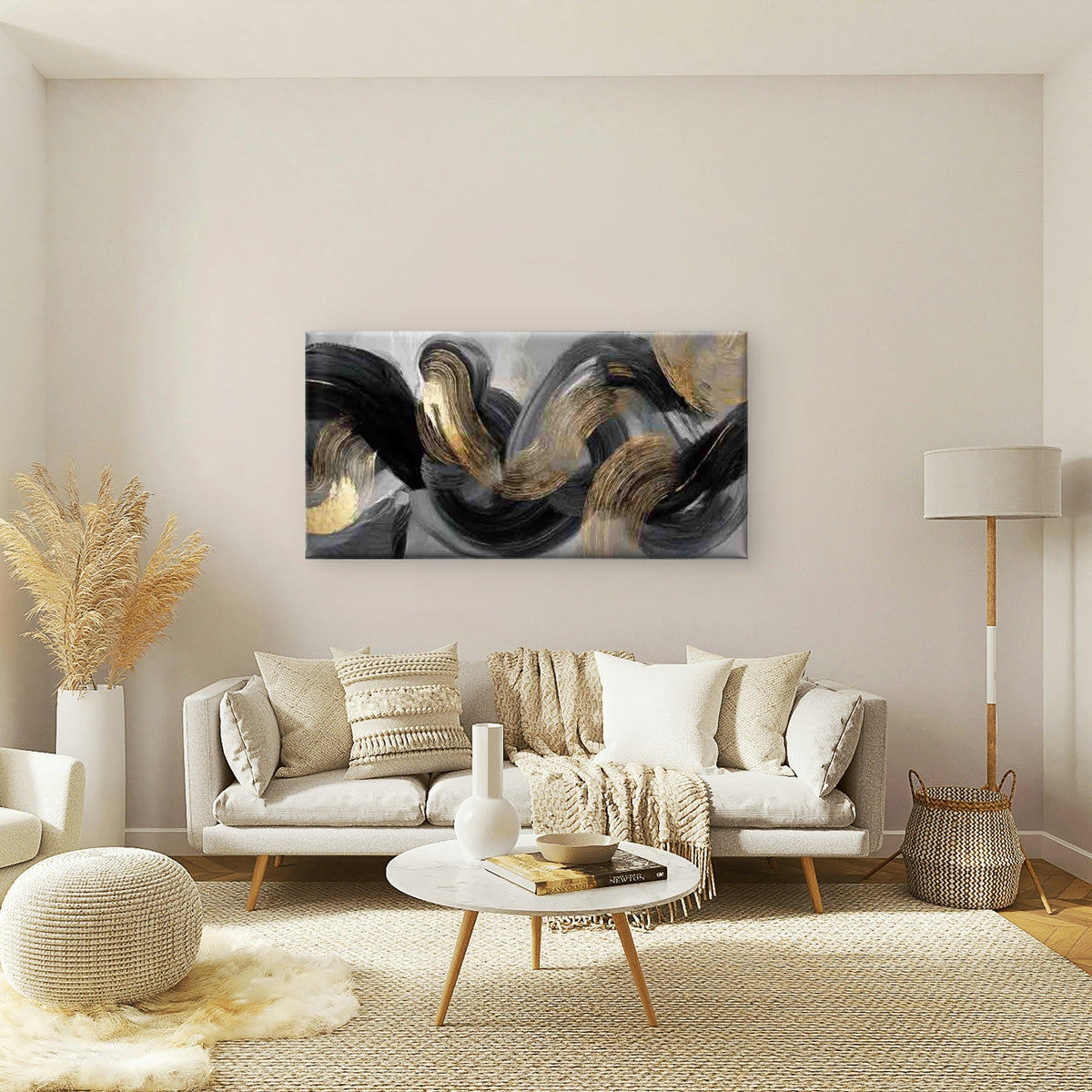 Black, Gray, Golden Swirls Wall Art Canvas Office Home Room Framed 120x60cm