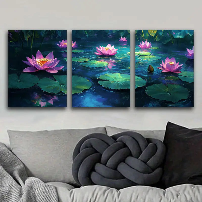 3pcs Water Lilies in Moonlight Metal Print Ready to Hang Art