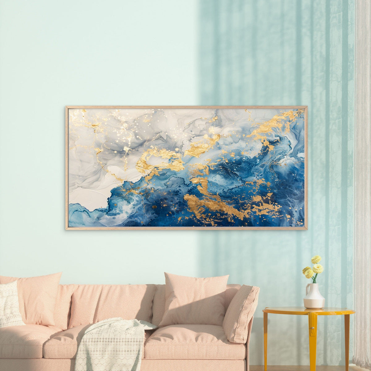 Gold Memories On Faded Blue Wall Art Canvas Office Home Room Framed 120x60cm