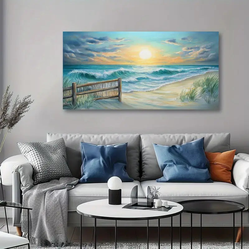 Nautical Sunset Beach Ocean Waves Coastal Wall Art canvas office home room framed 120x60cm
