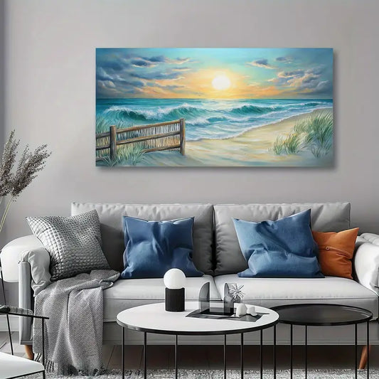 Nautical Sunset Beach Ocean Waves Coastal Wall Art canvas office home room framed 120x60cm
