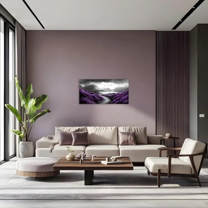 Vibrant Purple Flowers Serene Mountain Lake & Birds Wall Art canvas office home room framed 120x60cm
