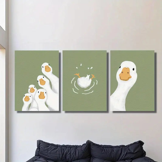 3pcs Playful Sage Green Adorable Duck Metal Print Ready to Hang Art