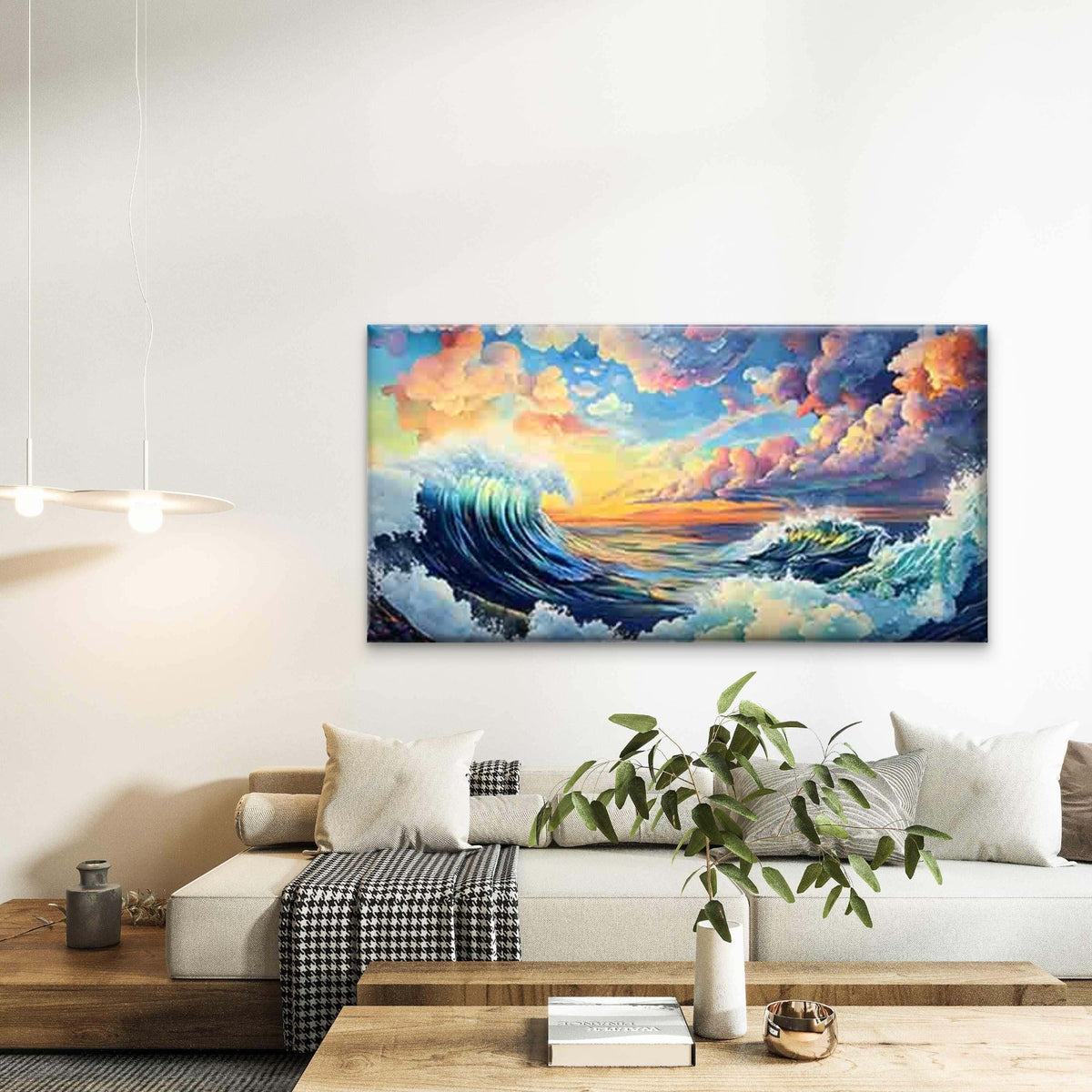 Waves Intertwined with Clouds Wall Art Canvas Office Home Room Framed 120x60cm