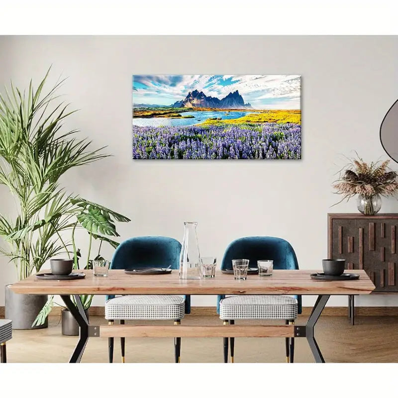 Vibrant Purple Lupine Flowers Mountain Lake Scenery Wall Art canvas office home room framed 120x60cm