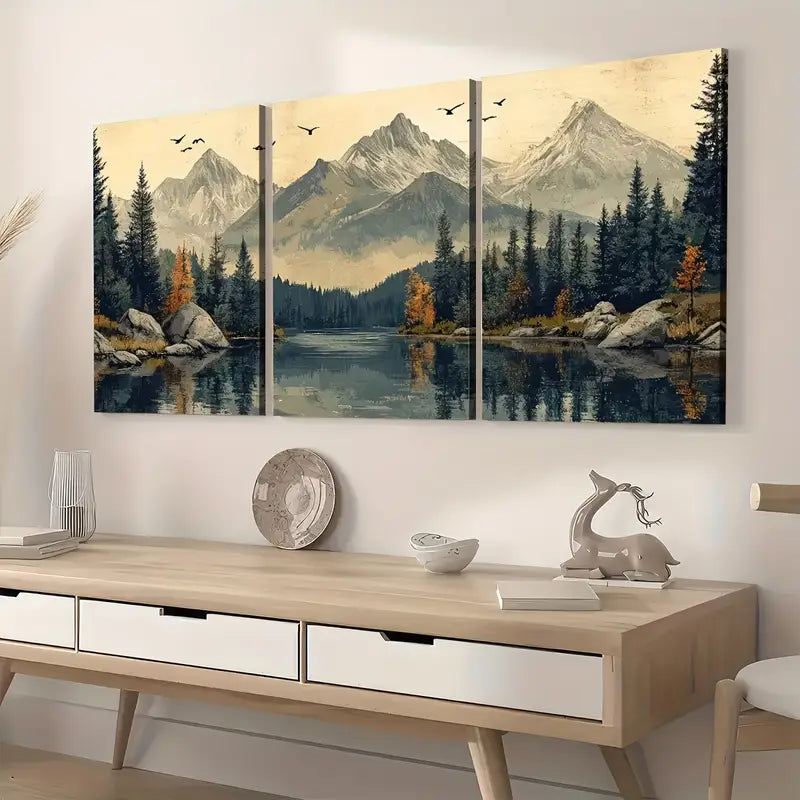 3pcs Ready to Hanging, Modern Wind Natural Forest Mountain Scenery Nature Wall Art Set Canvas Framed 40x60cm - High Quality Print 100% Australian Made Wall Canvas Ready to Hang