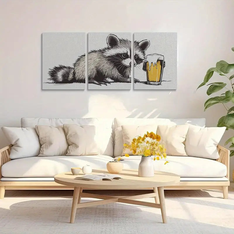 3pcs Cute Raccoon Drinking Beer Design Metal Print Ready to Hang Art