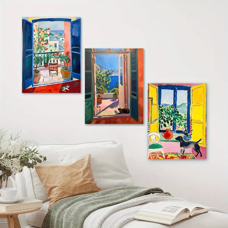 3pcs Watercolor Window Pet Colorful Painting Metal Print Ready to Hang Art