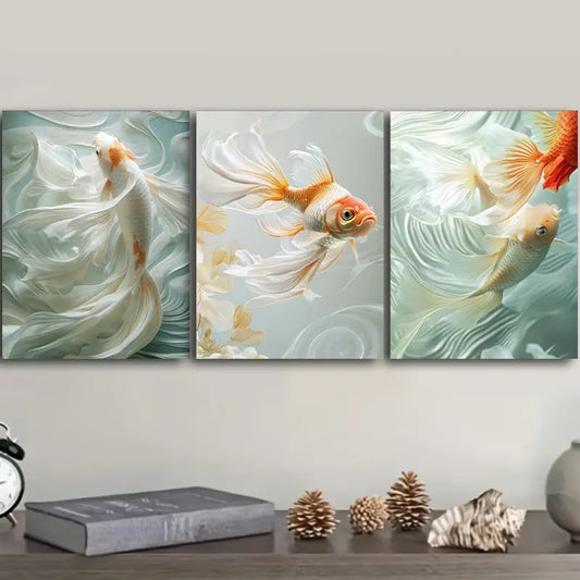 3pcs Golden Fish in The Water Metal Print Ready to Hang Art