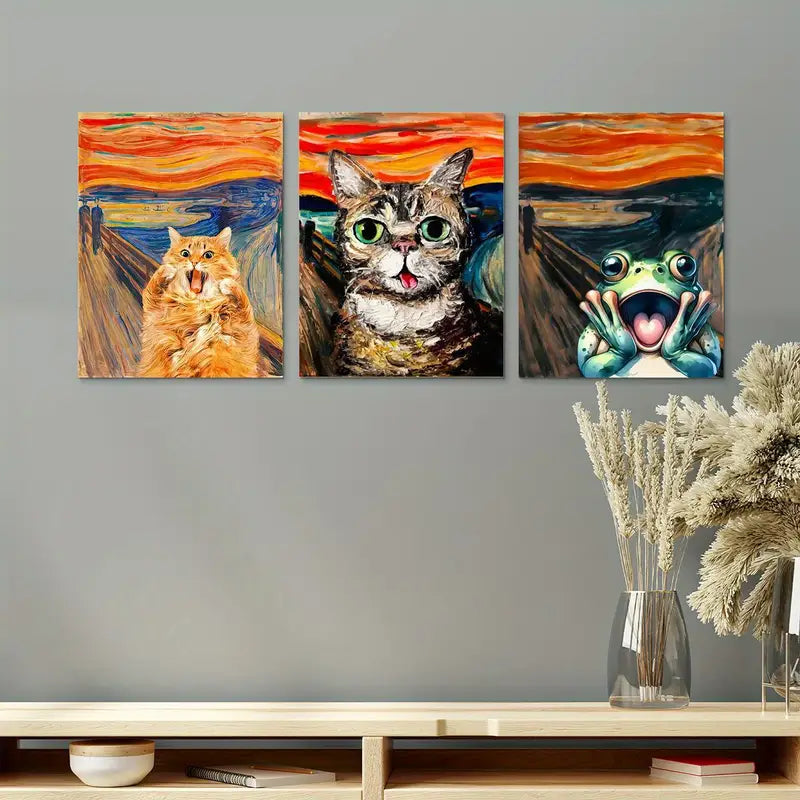 3pcs Abstract screaming cats, surprised frogs, bold colors Metal Print Ready to Hang Art