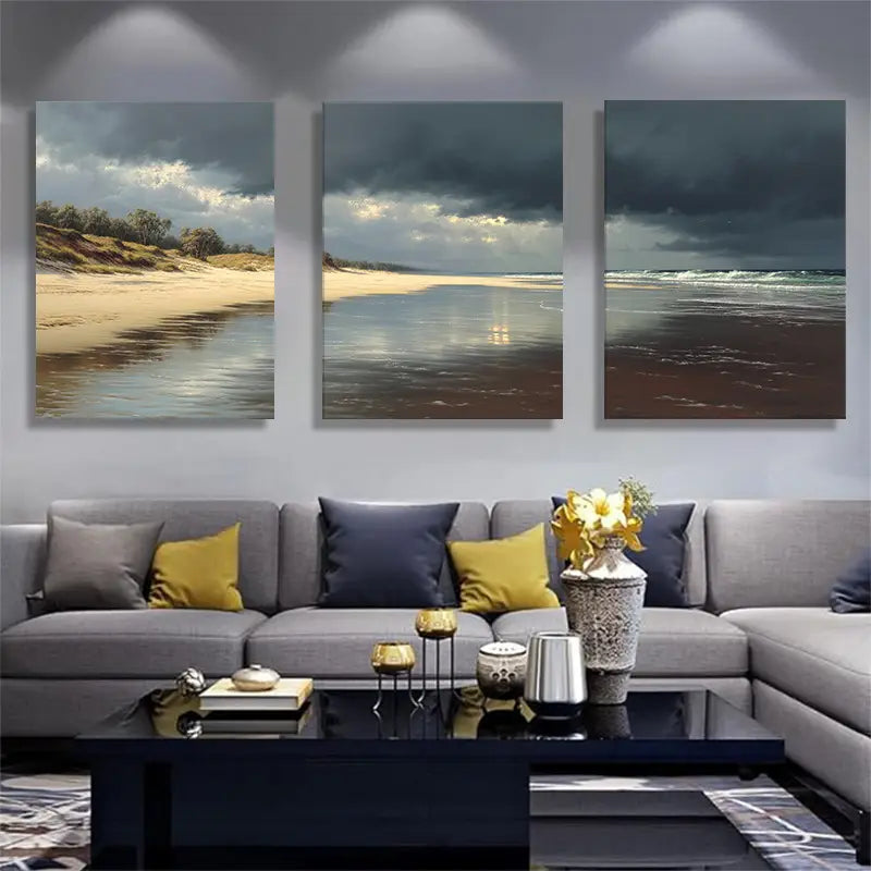 3pcs Stormy Beach Moody Sky Wet Sand & Gentle Waves Metal Print Ready to Hang Art