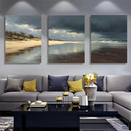 3pcs Stormy Beach Moody Sky Wet Sand & Gentle Waves Metal Print Ready to Hang Art