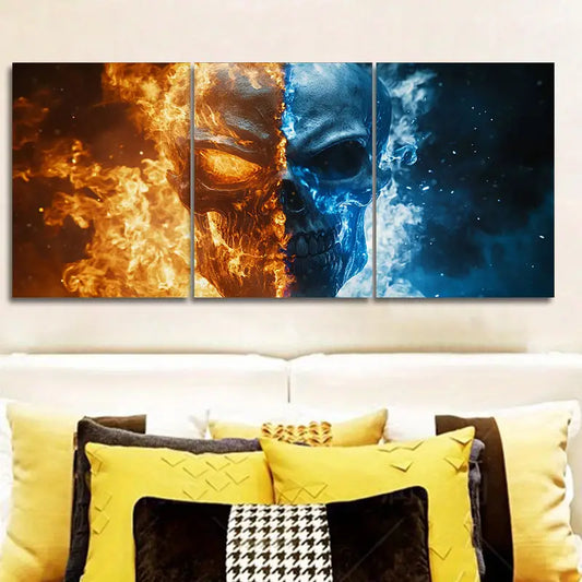 3pcs Featuring a Fiery Skull And an Icy Skeleton Head Metal Print Ready to Hang Art