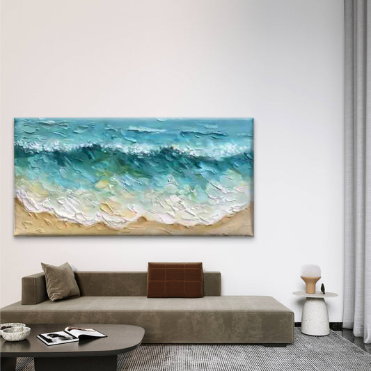 Ocean Waves And Sandy Beach Wall Art Canvas Office Home Room Framed 80x45cm