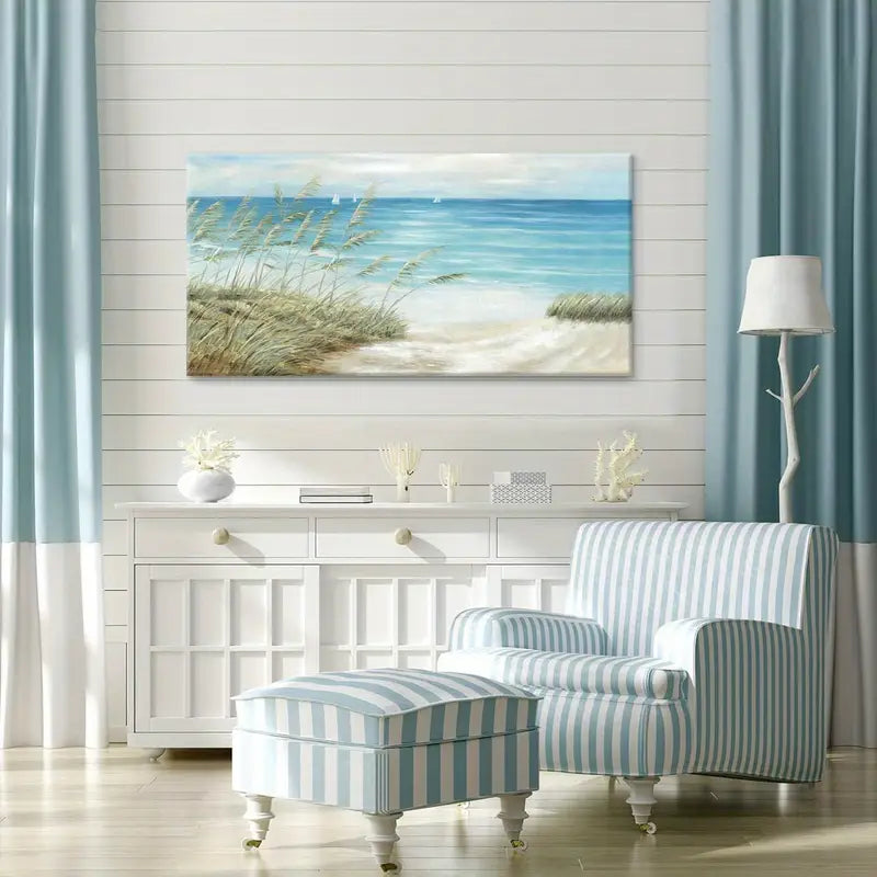 Beach Serene Coastal Sandy Shore & Ocean Waves Wall Art canvas office home room framed 120x60cm