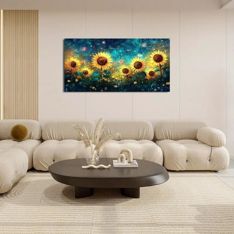 Sunflower Starry Sky Night Green Leaves Wall Art canvas office home room framed 120x60cm