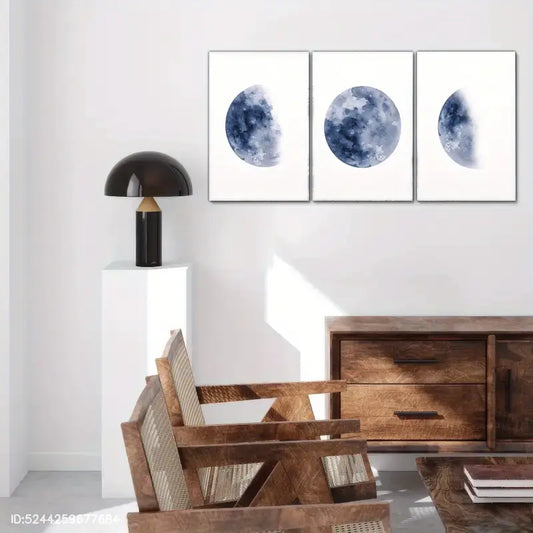 3pcs Blue Planet, Space Moon, Minimalist Style Metal Print Ready to Hang Art