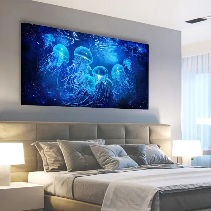 Modern Coastal Style Blue Jellyfish Ocean World Wall Art canvas office home room framed 120x60cm