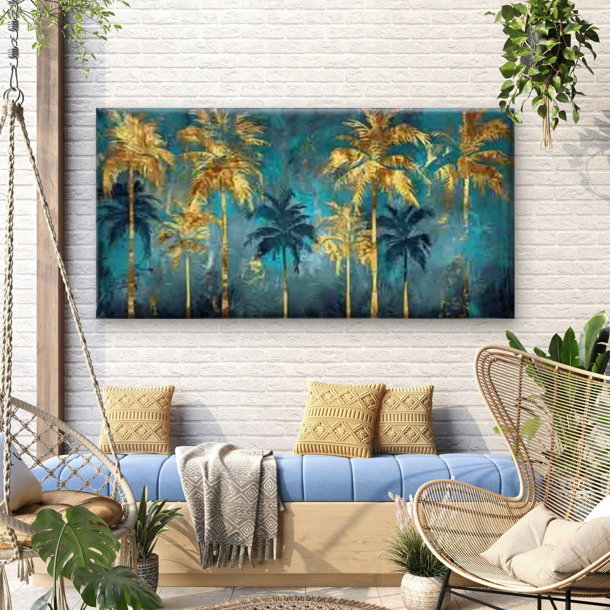 Yellow and Teal Palm Tree Wall Art Canvas Office Home Room Framed 120x60cm