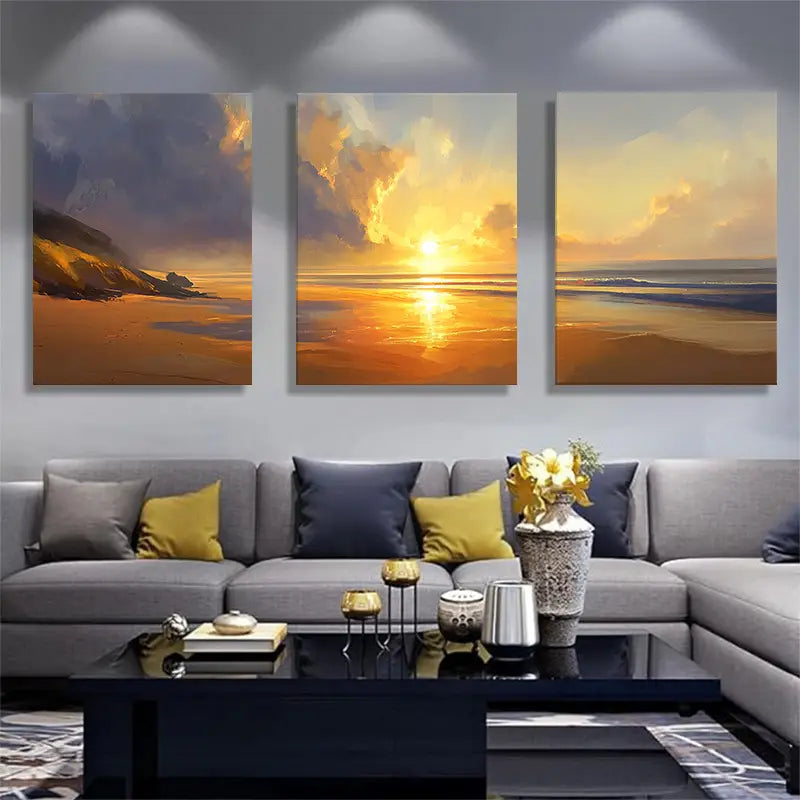 3pcs Majestic Beachscape with Golden Hour Sunlight Metal Print Ready to Hang Art