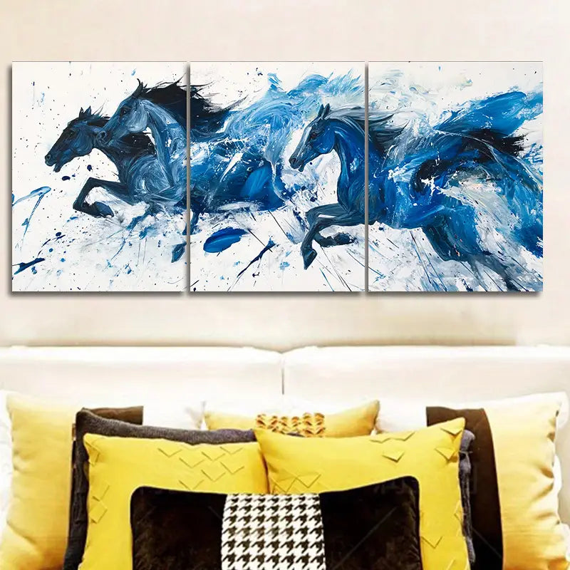 3pcs Blue Horses Running Abstract Metal Print Ready to Hang Art
