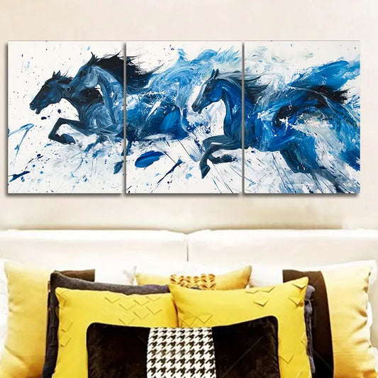 3pcs Blue Horses Running Abstract Metal Print Ready to Hang Art