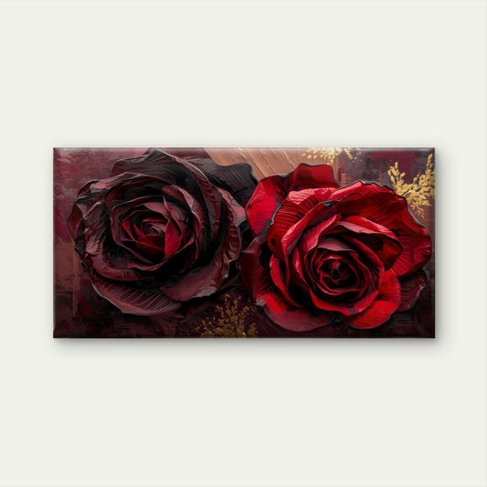 Dark Red Rose Floral Oil Paint Wall Art Canvas Office Home Room Framed 80x45cm