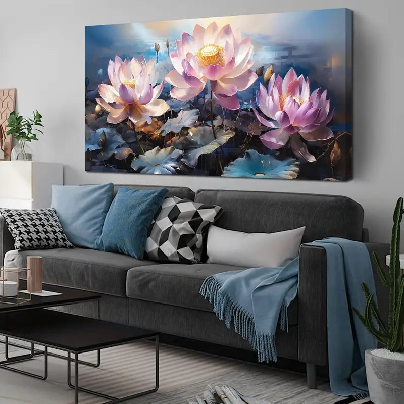 Pink & Blue Floral Botanical Wall Art canvas office home room framed 120x60cm