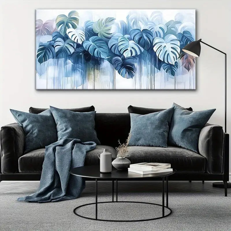 Blue Monstera Leaf Abstract Nature Vibrant Botanical Wall Art canvas office home room framed 120x60cm
