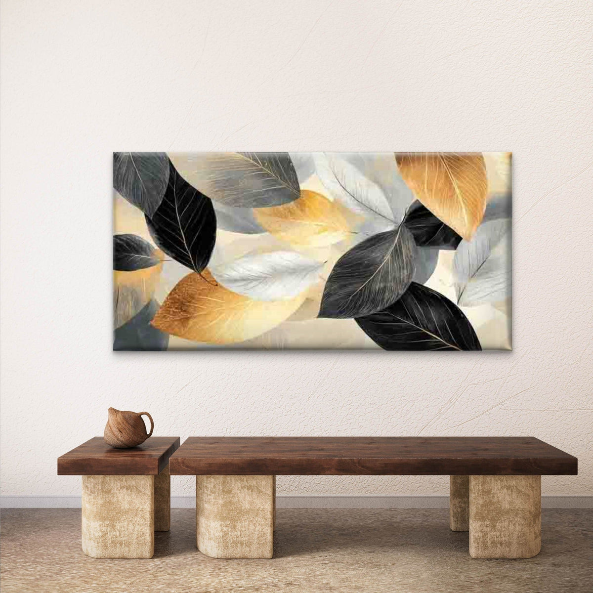 Golden Leaves Abstract Wall Art Canvas Office Home Room Framed 120x60cm
