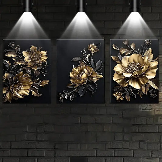 3pcs Elegant Black & Golden Big Floral Metal Print Ready to Hang Art