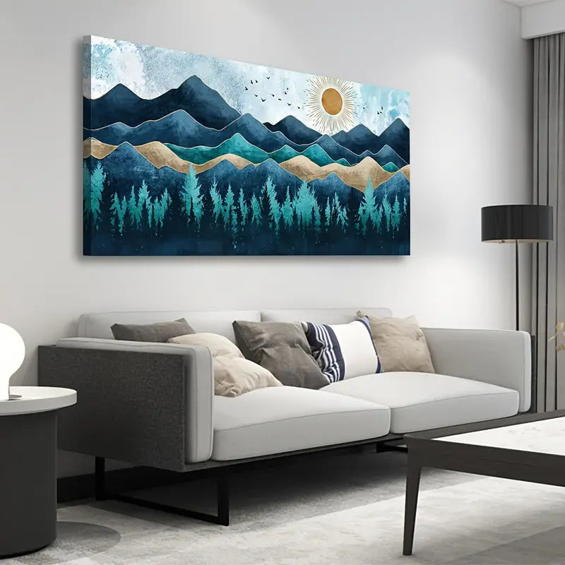 Blue Abstract Forest Mountain Rustic Vintage Nature Wall Art canvas office home room framed 120x60cm