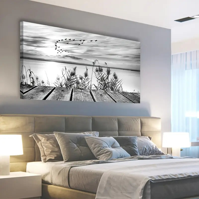 Black & White Sunset Lake Flying Birds Wall Art canvas office home room framed 120x60cm
