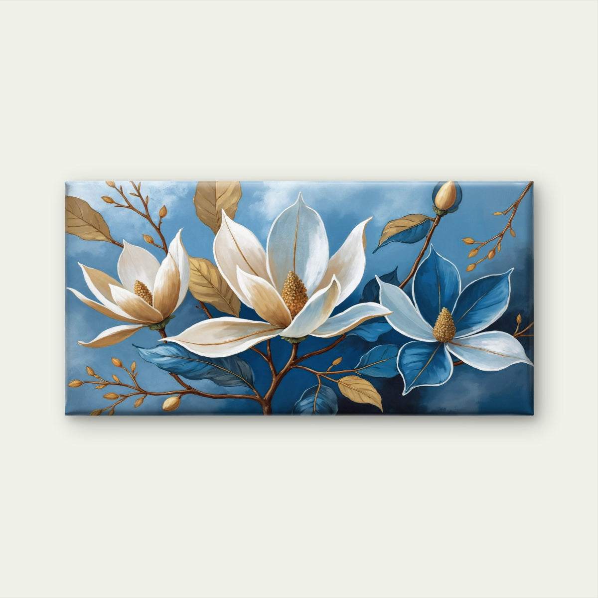 Blue Magnolia Floral Painting Wall Art Canvas Office Home Framed 120x60cm