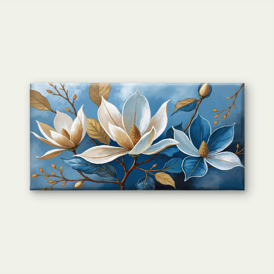Blue Magnolia Floral Painting Wall Art Canvas Office Home Framed 80x45cm