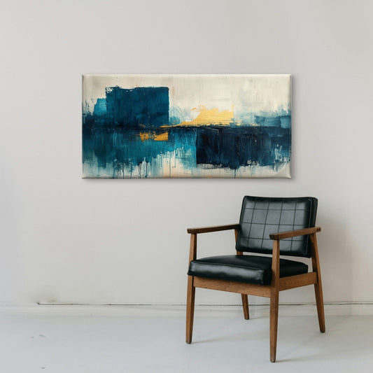 Abstract Teal Blue and Gold Foil Wall Art Canvas Office Home Framed 80x45cm