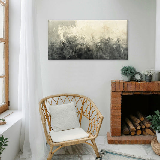 Abstract Black Grey and Beige Paint Wall Art Canvas Office Home Framed 80x45cm