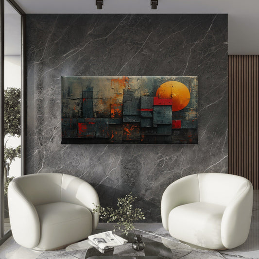 Abstract Industrial Skyline Red Sun Wall Art Canvas Office Home Framed 80x45cm