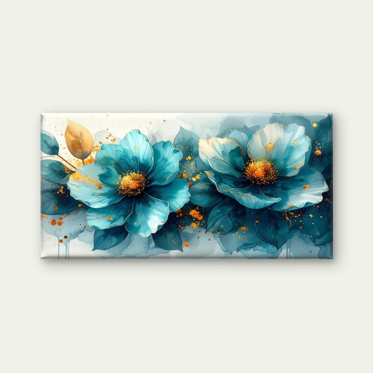 Abstract Teal Blue and Gold Floral Wall Art Canvas Office Home Framed 80x45cm