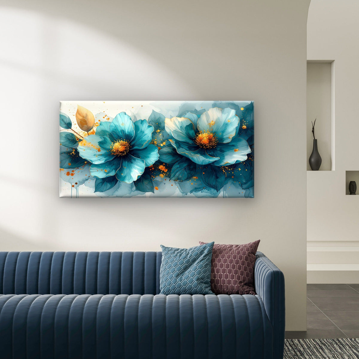 Abstract Teal Blue and Gold Floral Wall Art Canvas Office Home Framed 120x60cm
