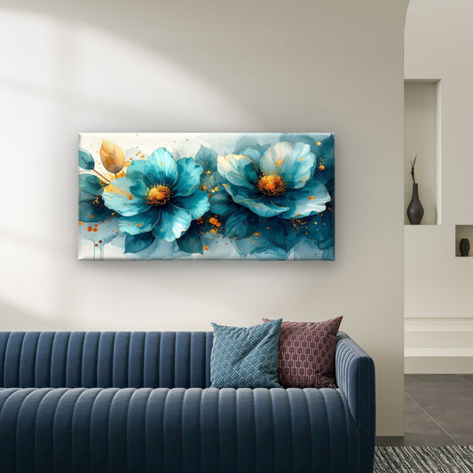 Abstract Teal Blue and Gold Floral Wall Art Canvas Office Home Framed 80x45cm