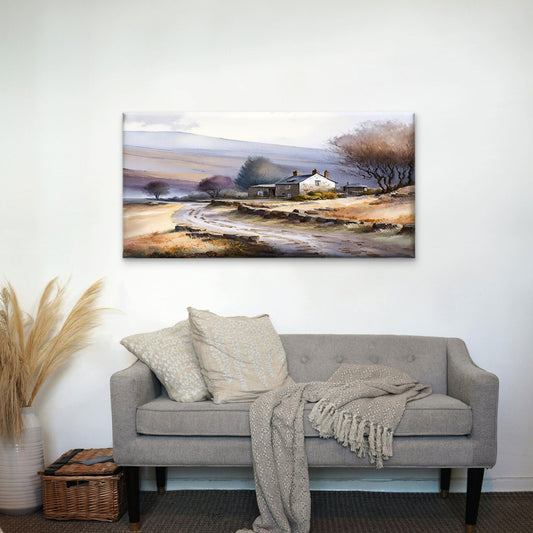 Cottage Landscape Paint Country Road Wall Art Canvas Office Home Framed 80x45cm