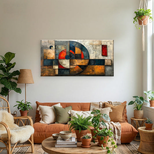 Industrial Rust Orange Teal Circles Wall Art Canvas Office Home Framed 80x45cm