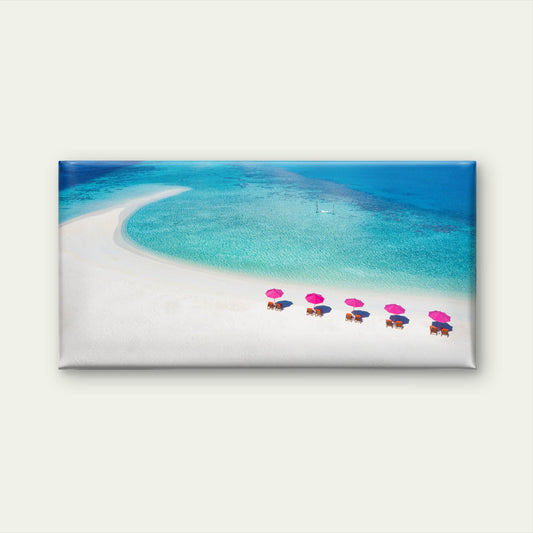 Tropical Beach Pink Umbrella Ocean Wall Art Canvas Office Home Framed 80x45cm