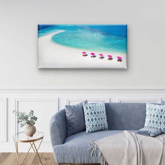 Tropical Beach Pink Umbrella Ocean Wall Art Canvas Office Home Framed 80x45cm